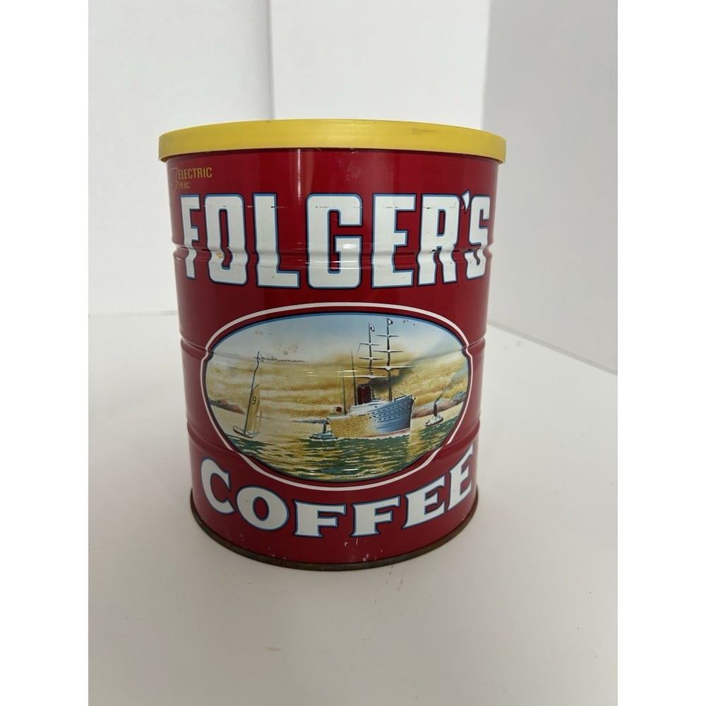 Vintage Folgers Coffee Ship Nostalgia Can W/ Lid 3LB Electric Perc Estate Find